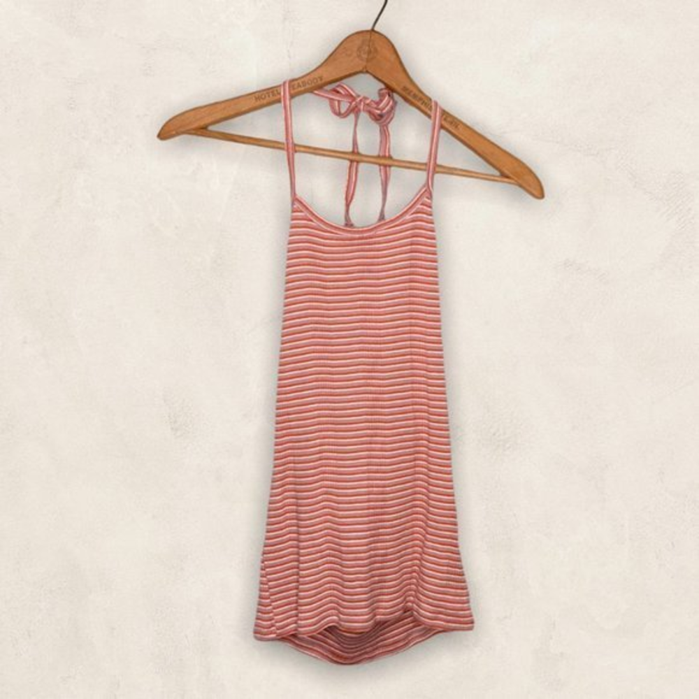 American Eagle Small S Orange Striped 100% Cotton Rib Knit Halter Tie Back Top